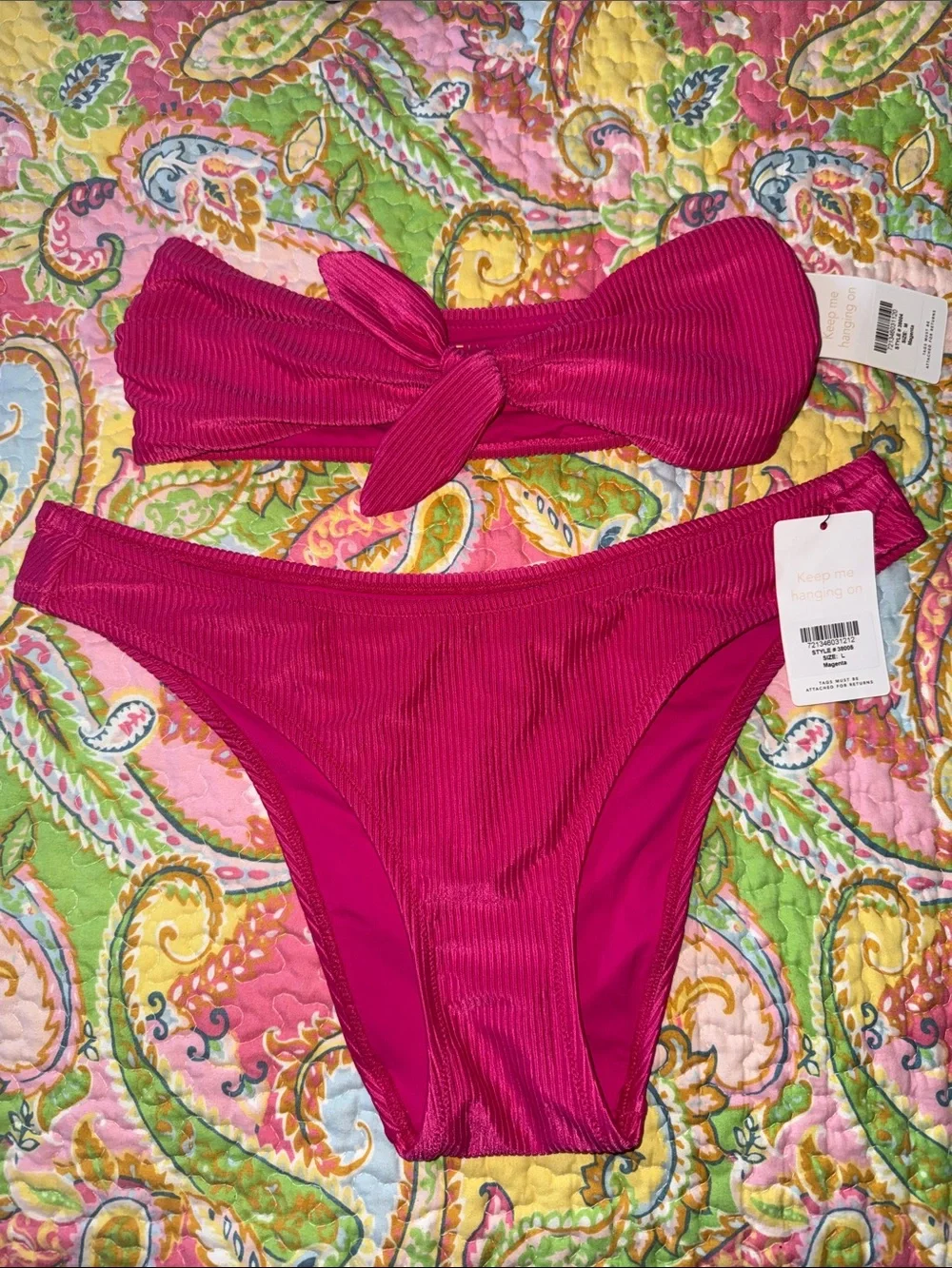 Lively Ribbed Tie-Front Bandeau & Cheeky bottom bikini ; top M & bottom L